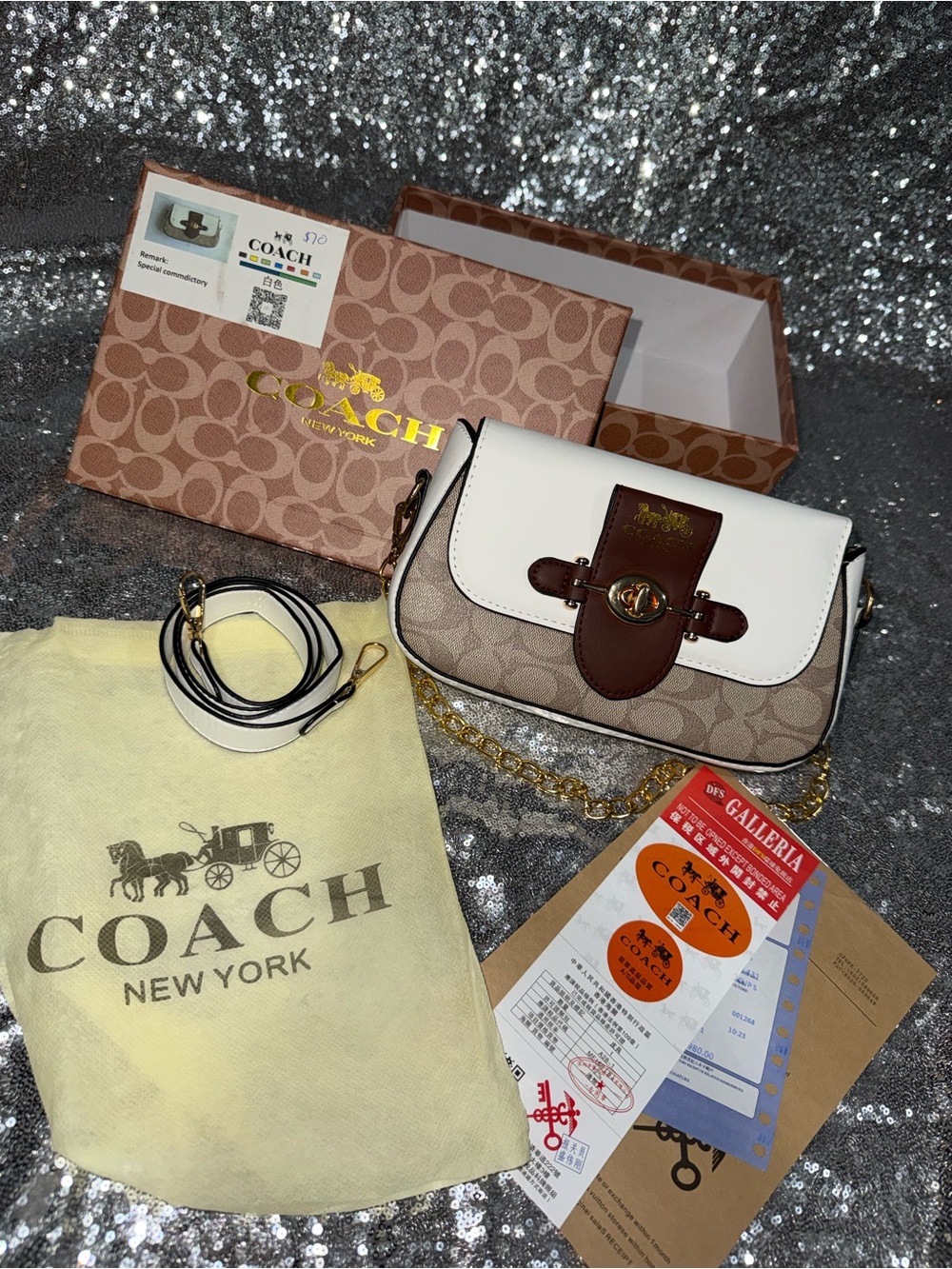 Coach Signature Canvas Shoulder Bag with White Flap & Brown Trim